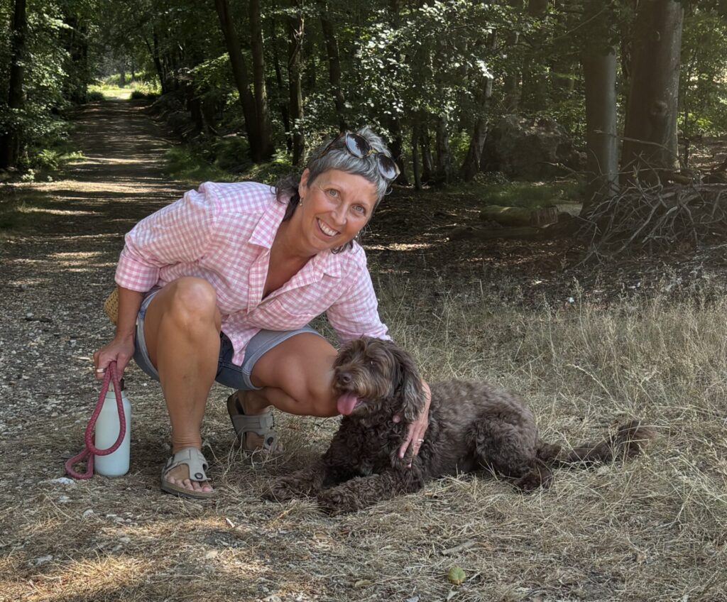 Sharon stroking her dog